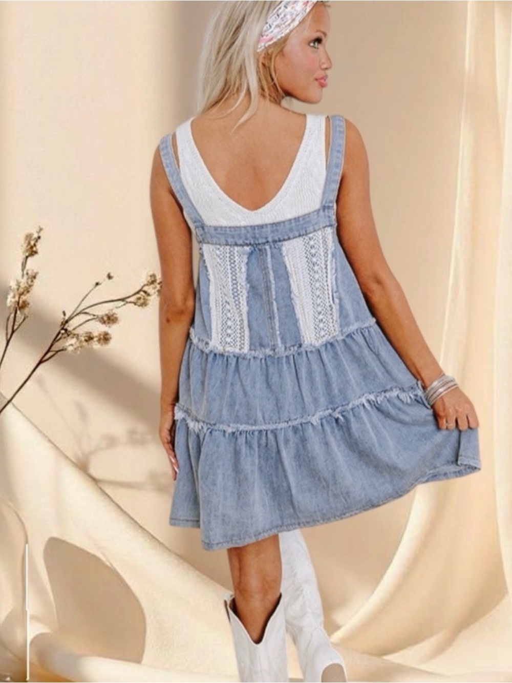 Denim Overall Lace Detail tiered Dress Mini - Picture 2 of 6